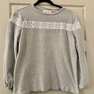 LOFT Heather Gray Top with White Lace Accent